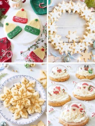 A collage of my favorite Christmas cookies: knit hat-shaped treats, a wreath of snowflake cookies, a plate of golden snowflake cookies, and festive snow globe cookies topped with holiday designs.