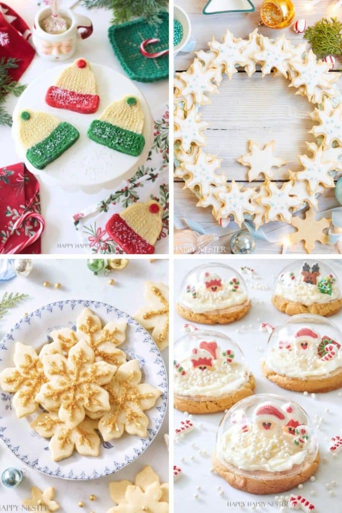 A collage of my favorite Christmas cookies: knit hat-shaped treats, a wreath of snowflake cookies, a plate of golden snowflake cookies, and festive snow globe cookies topped with holiday designs.