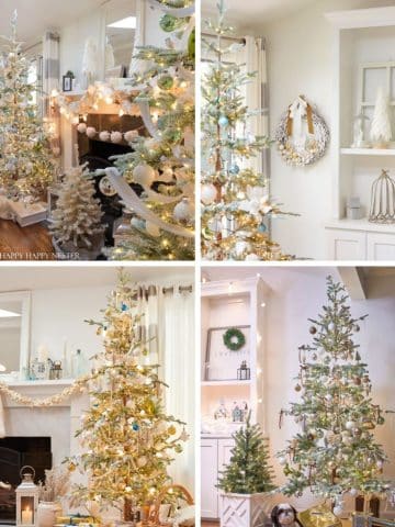 A collage of four images displays my favorite Christmas decor: elegantly decorated trees in light, neutral living rooms, adorned with white and gold ornaments, garlands, wrapped presents, and cozy holiday accents.