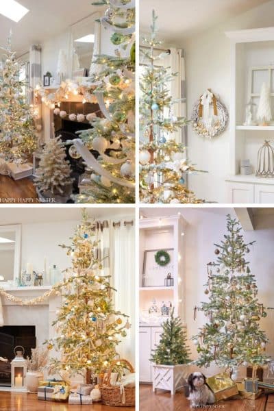 A collage of four images displays my favorite Christmas decor: elegantly decorated trees in light, neutral living rooms, adorned with white and gold ornaments, garlands, wrapped presents, and cozy holiday accents.