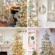A collage of four images displays my favorite Christmas decor: elegantly decorated trees in light, neutral living rooms, adorned with white and gold ornaments, garlands, wrapped presents, and cozy holiday accents.