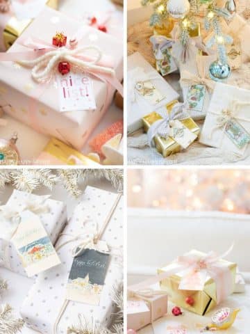 A collage of four photos showing my favorite gift wrap inspiration: beautifully wrapped Christmas gifts in pastel and white tones, decorated with ribbons, bows, gift tags, and some placed under a Christmas tree.