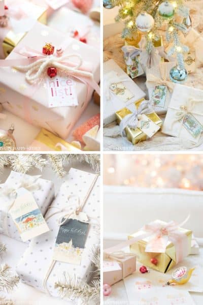 A collage of four photos showing my favorite gift wrap inspiration: beautifully wrapped Christmas gifts in pastel and white tones, decorated with ribbons, bows, gift tags, and some placed under a Christmas tree.