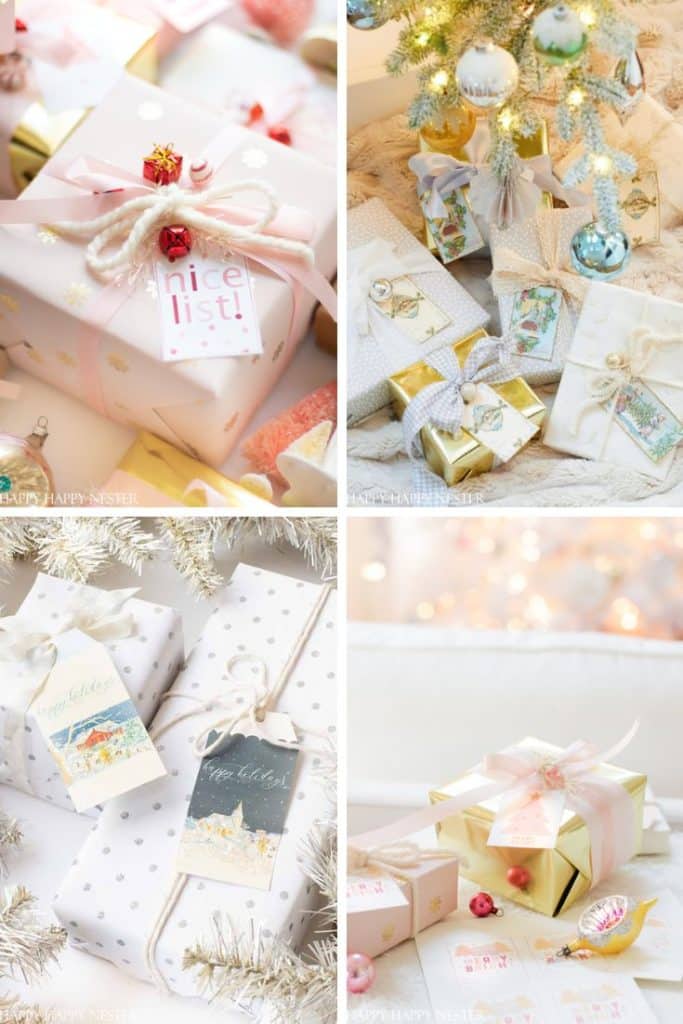 A collage of four photos showing my favorite gift wrap inspiration: beautifully wrapped Christmas gifts in pastel and white tones, decorated with ribbons, bows, gift tags, and some placed under a Christmas tree.