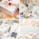 A collage of four photos showing my favorite gift wrap inspiration: beautifully wrapped Christmas gifts in pastel and white tones, decorated with ribbons, bows, gift tags, and some placed under a Christmas tree.