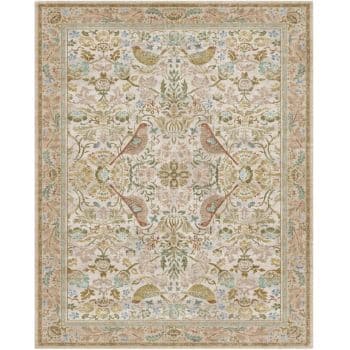 Ornate rectangular area rug with a symmetrical floral and paisley pattern in soft pastel tones of beige, gold, green, and light blue, framed by an intricate decorative border.
