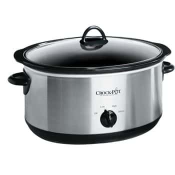 A stainless steel Crock-Pot slow cooker with a black knob on the front for settings, black handles on the sides, and a glass lid with a black handle.