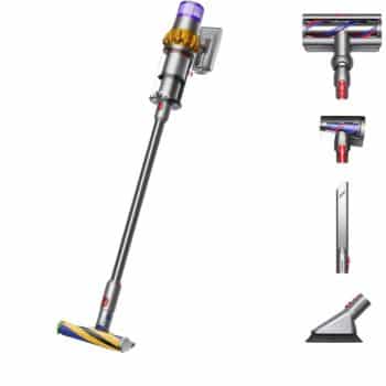 A cordless stick vacuum cleaner with a long handle and four interchangeable cleaning attachments displayed to the right. The vacuum has a sleek, modern design with metallic and colored accents.