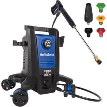 A Westinghouse electric pressure washer with a blue and black body, wheels for portability, a hose, spray gun, and five interchangeable nozzle tips in different colors.