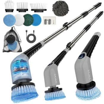 A set of electric cleaning brushes with interchangeable heads, three extendable handles, multiple brush attachments, scrub pads, a mesh storage bag, a USB charging cable, and a wall mount for storage.