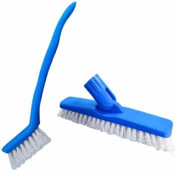 Two blue cleaning brushes with white bristles; one has a long, curved handle, and the other has a flat, rectangular head with an attachment point for a handle.