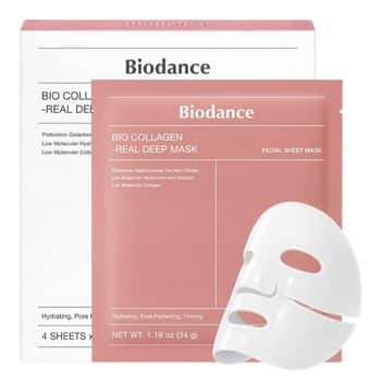A Biodance Bio Collagen Real Deep Mask package is shown with a pink sheet mask packet and a white 3D facial sheet mask displayed in front of the box. The packaging highlights hydrating and firming benefits.