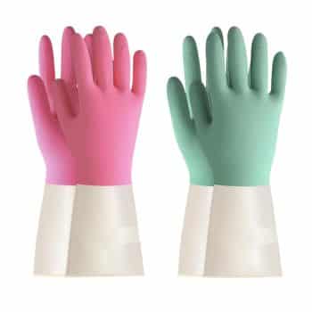 Two pairs of rubber cleaning gloves are displayed upright. One pair is pink with white cuffs, and the other is green with white cuffs. Both pairs have textured fingertips for grip.