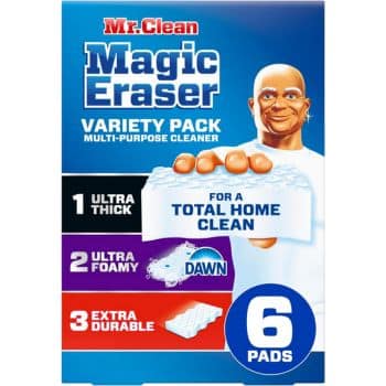 Box of Mr. Clean Magic Eraser Variety Pack, featuring an illustrated bald man in a white shirt, and text highlighting 6 pads: 1 ultra thick, 2 ultra foamy with Dawn, and 3 extra durable for cleaning.