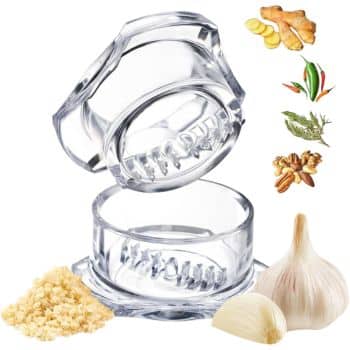 A clear plastic garlic press next to minced garlic, a garlic bulb, a clove, and illustrations of ginger, chili peppers, herbs, and walnuts—perfect for inspiring new dinner ideas.