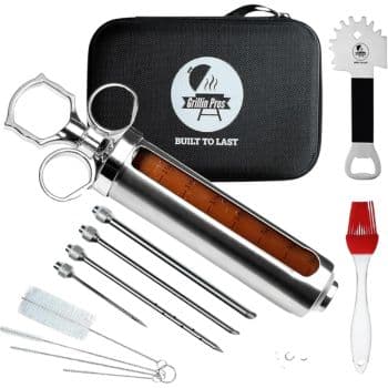A stainless steel meat injector kit with a storage case, marinade injector, cleaning brushes, multiple needles, a red silicone basting brush, and a multi-purpose tool—perfect for elevating your dinner ideas.