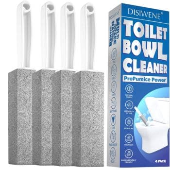 Four gray pumice toilet bowl cleaning sticks with white handles are shown next to a blue box labeled "DISIWENE Toilet Bowl Cleaner ProPumice Power, 4 Pack," which features an illustration of a toilet.