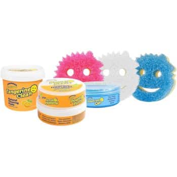 Three colorful, round scrub sponges with smiley faces stand behind three tubs of cleaning paste labeled "Tangerine Clean," "Pawsitively Clean," and "Natural Cat.