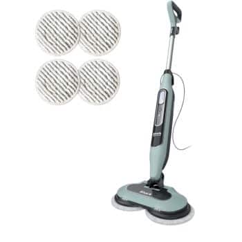 Electric floor mop with a handle and power cord, featuring two round cleaning pads on the base. Four additional circular replacement pads with gray and white stripes are shown in the top left corner.