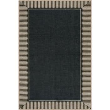 A rectangular rug with a solid dark center and a wide beige border featuring evenly spaced vertical black stripes. The design is simple and modern.