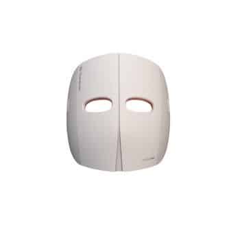 A white, rigid face mask with two oval eye openings and a smooth, minimalist design, photographed against a plain white background.
