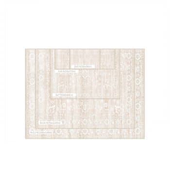 Diagram showing different rectangular rug sizes stacked within each other, labeled as 2x3, 3x5, 2'6"x7'6" runner, 5x8, 8x10, and 9x12, all on a patterned beige background.