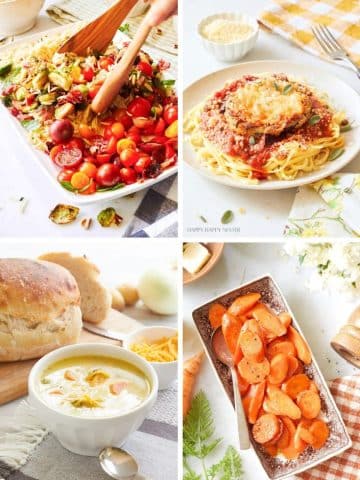 Four images of dinner ideas: a hand mixing a tomato and greens salad, spaghetti with breaded chicken and sauce, a bowl of creamy soup with bread, and a plate of glazed sliced carrots, all on bright tabletops.