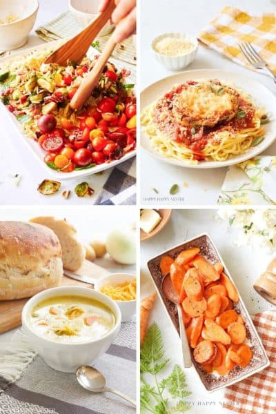 Four images of dinner ideas: a hand mixing a tomato and greens salad, spaghetti with breaded chicken and sauce, a bowl of creamy soup with bread, and a plate of glazed sliced carrots, all on bright tabletops.