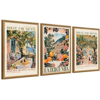 Three framed Italian-themed art prints feature colorful illustrations: an outdoor table under lemon trees, a scenic village with oranges and flowers, and a sunlit archway covered in greenery. Each has Italian text at the top.