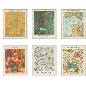 Six framed art prints in two rows: three by William Morris featuring intricate floral patterns, one by Gustav Klimt with colorful abstract flowers, one by Renoir showing a vase of roses, and another Morris floral design.