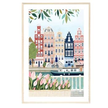 Illustration of colorful canal houses, a boat, and a bicycle beside a waterway. Tulips and leafy branches are in the foreground, with a pale frame around the image. The scene is bright and cheerful.