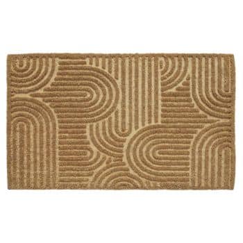 A rectangular doormat with a tan color and a raised geometric pattern of curved and straight lines forming arches and semi-circles.
