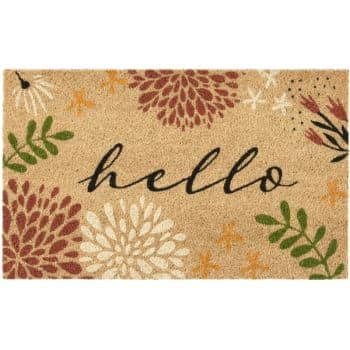 A rectangular doormat with the word "hello" written in black script, decorated with colorful flowers and green leaves on a tan background.