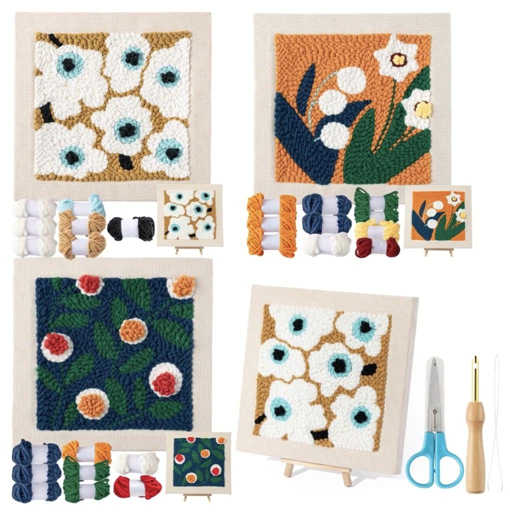 Four square punch needle embroidery canvases with floral designs are shown. Each diy set includes colored yarn bundles, a punch needle tool, threader, and scissors, arranged neatly around the finished canvases—perfect for punch needle crafting.