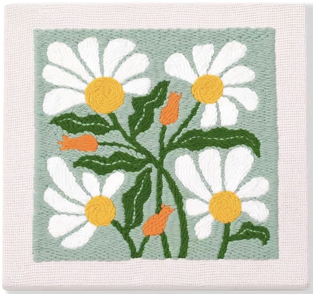 Embroidery art inspired by punch needle crafting DIY, featuring white daisies with yellow centers, green leaves, and orange flower buds on a light green background bordered by a pale pink edge.