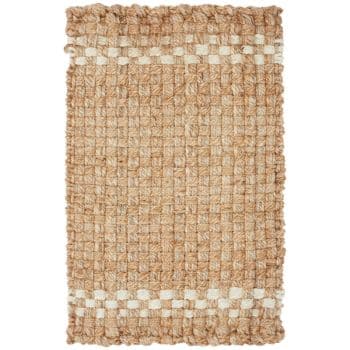 A rectangular woven jute rug with a natural tan color, featuring a textured grid pattern and two parallel rows of white accents near the edges.