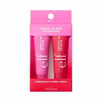 Two pink tubes of e.l.f. Squeeze Me More Lip Balm in a pink box. The packaging mentions "Bubblegum & Cherry Scents" and displays the brand logo and product information on the front.