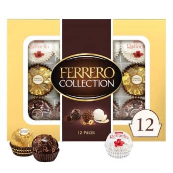 A box of Ferrero Collection chocolates containing 12 assorted pieces, including Ferrero Rocher, Ferrero Rondnoir, and Raffaello varieties. The packaging is gold and brown with a window showing the chocolates.