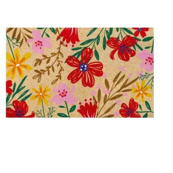 Colorful floral pattern with red, yellow, and pink flowers, green leaves, and brown branches on a tan textured background. The design is vibrant and lively, creating a cheerful and decorative look.