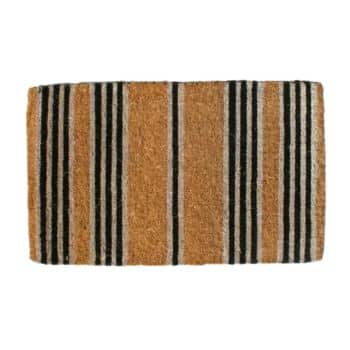 A rectangular doormat with alternating vertical stripes in natural brown and black colors, featuring a simple, modern design.