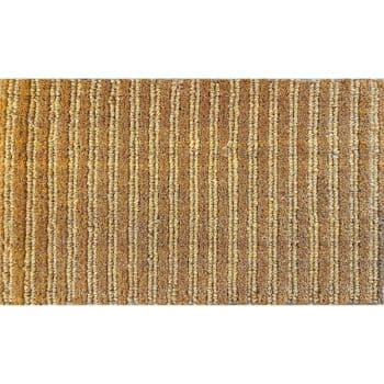 A rectangular brown doormat with a pattern of raised vertical stripes in lighter and darker shades of brown.