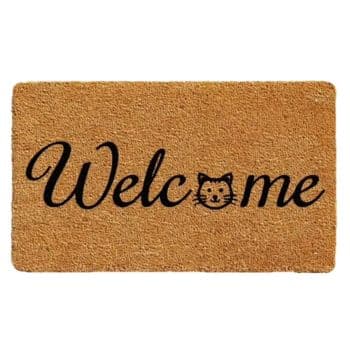 A brown doormat with the word "Welcome" written in black, where the letter "o" is replaced by a drawing of a cat's face.