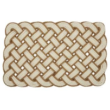 A rectangular doormat with an intricate braided pattern, featuring intertwined tan and cream-colored ropes creating a woven, lattice-like design.