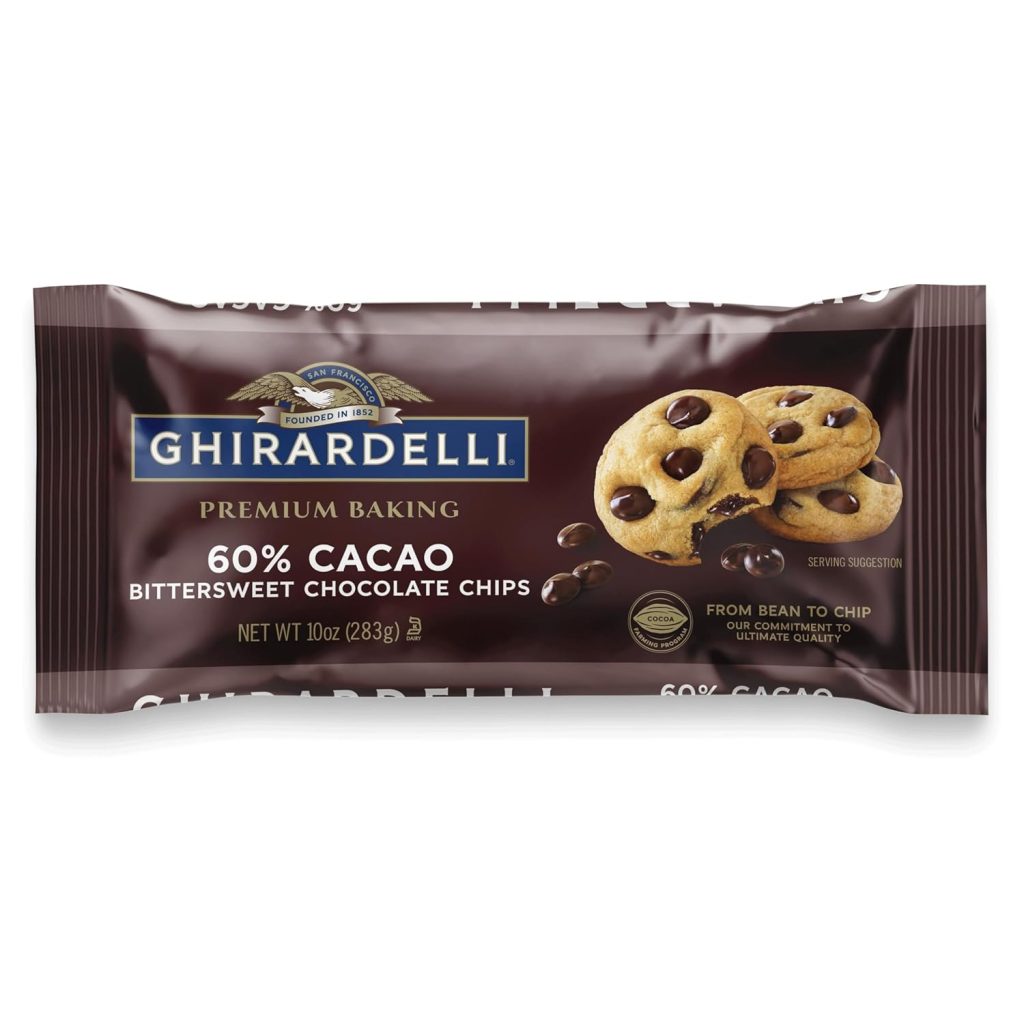 A bag of Ghirardelli Premium Baking 60% Cacao Bittersweet Chocolate Chips, perfect for chocolate chip cookies or adding richness to your favorite chocolate covered quinoa recipe. The net weight is 10 oz (283g).