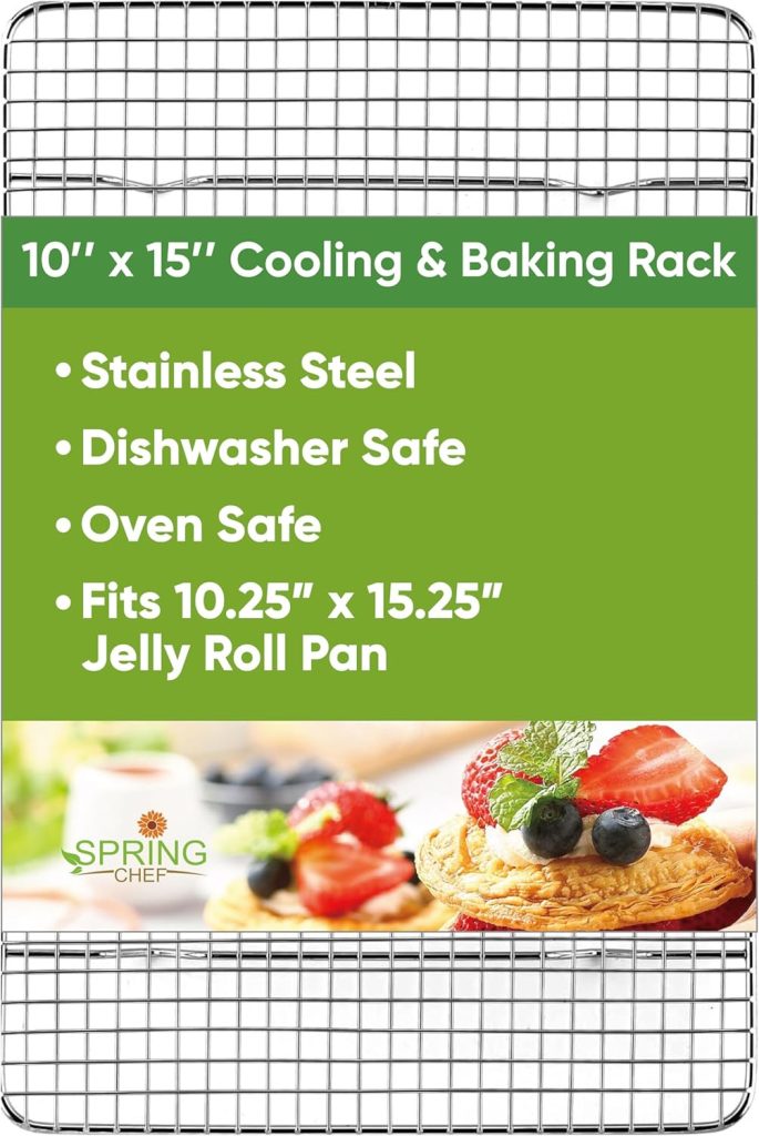A 10"x15" stainless steel cooling and baking rack is shown in packaging that highlights features: dishwasher safe, oven safe, fits 10.25"x15.25" jelly roll pan—perfect for treats like a chocolate covered quinoa recipe. Spring Chef logo and desserts shown below.