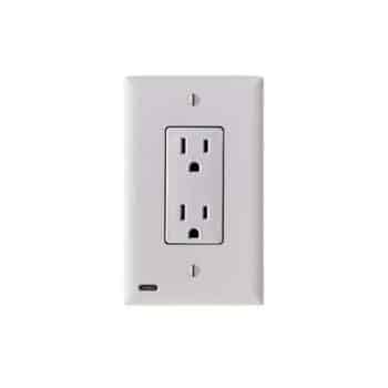 A standard white electrical wall outlet with two vertical sockets and a small circular indicator light in the lower left corner, mounted on a plain white background.