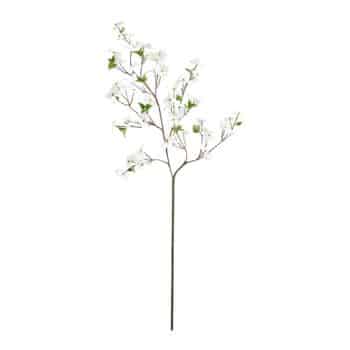 A single artificial branch with small white flowers and green leaves on thin brown stems, isolated on a white background.