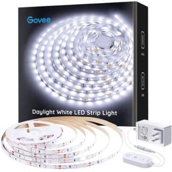 Box of Govee Daylight White LED Strip Light, showing coiled LED strip, controller, and power adapter in front of the packaging with bright white lights displayed on the box.
