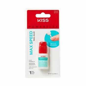 A package of KISS Powerflex Max Speed Nail Glue with a small bottle inside. The packaging is red, white, and teal, and says "Sets in seconds" with an image of a hand applying glue to a nail.