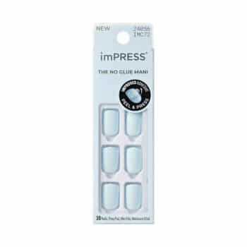 A pack of imPRESS press-on nails in light blue, displayed in a white package with six nails visible. The packaging highlights “THE NO GLUE MANI!” and “PEEL & PRESS” features.